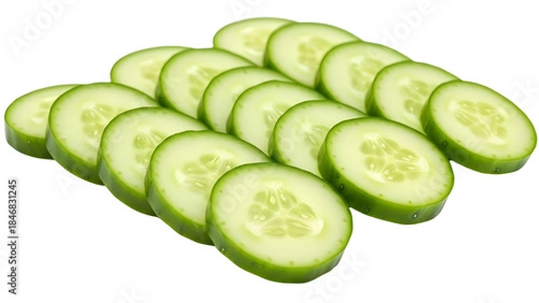 Fototapeta Fresh green cucumber slices arranged in rows, isolated on white background