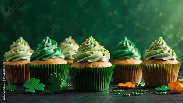 Fototapeta Decorated cupcakes on green background - St. Patrick's Day 