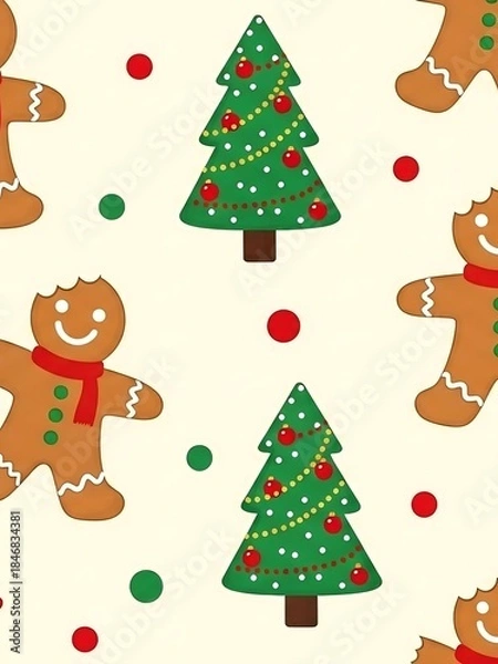 Obraz Festive Christmas Pattern with Gingerbread Men and Decorated Trees.