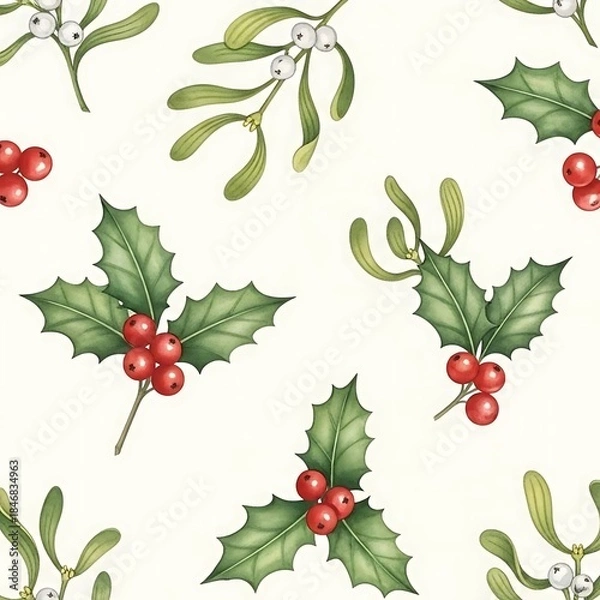 Obraz Festive Christmas Pattern with Holly and Mistletoe.