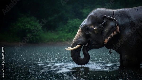 Obraz 🐘 Rain-Soaked Elephant Drinking