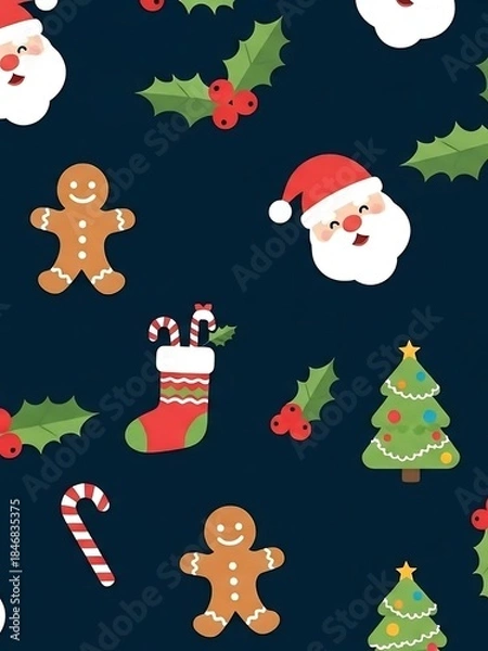Obraz Festive Christmas Pattern with Santa, Gingerbread, and Decorations.