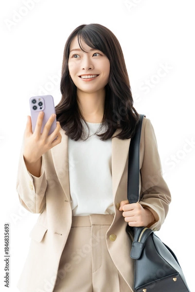 Obraz スマートフォンを持つ女性・ビジネスウーマン（背景透過PNG）