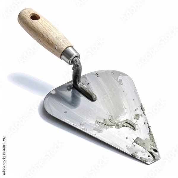 Fototapeta Close-up of a trowel tool with wood handle, holding mortar, shadow