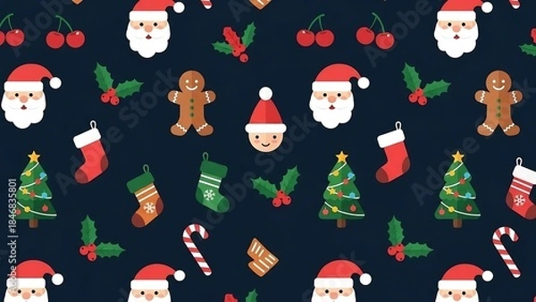 Obraz Festive Christmas Pattern with Santa, Trees, and Treats.