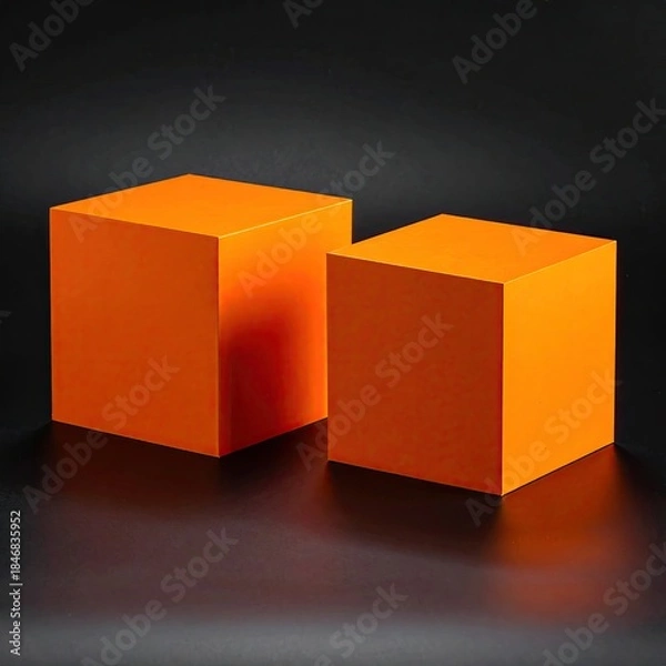 Fototapeta Two bright orange cubes on a dark background. Front and side views