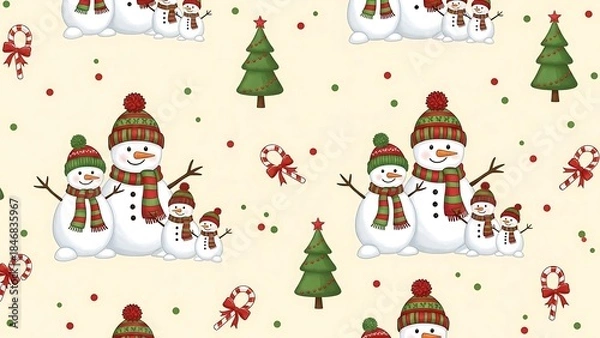 Obraz Festive Christmas Pattern with Snowmen, Trees, and Candy Canes.