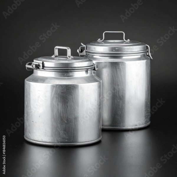 Fototapeta Two metallic canisters with lids and handles stand on a black surface