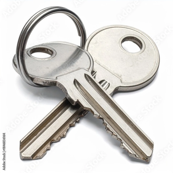 Fototapeta Close-up of two metal keys connected by a silver ring, on white
