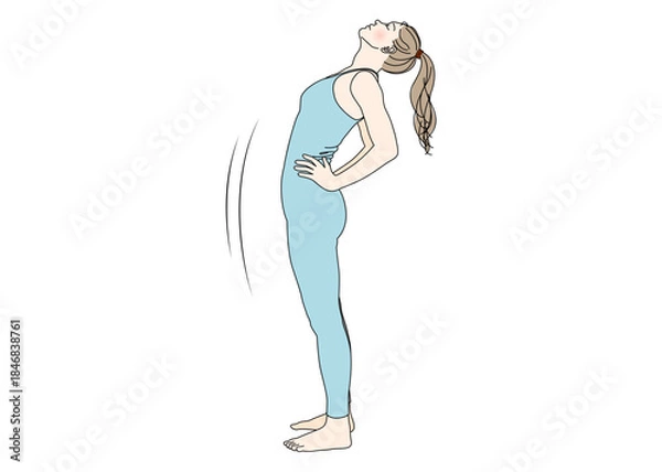 Obraz ストレッチ 腰に手を当て状態を反らして伸びをする女性のイラスト 全身横向き ブルー