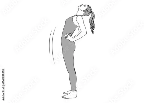 Obraz ストレッチ 腰に手を当て状態を反らして伸びをする女性のイラスト 全身横向き モノクロ