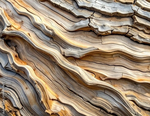 Fototapeta Close-up view of weathered, dry, cracked wood grain patterns showing organic, natural textures and abstract lines