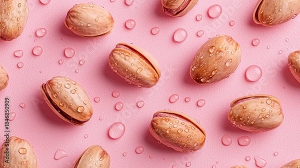 Fototapeta beans concept. Pistachios with droplets on a pink background, showcasing texture and color contrast.