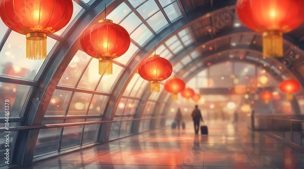 Fototapeta Red Chinese lanterns decorating a modern walkway, symbolizing Lunar New Year festivity.