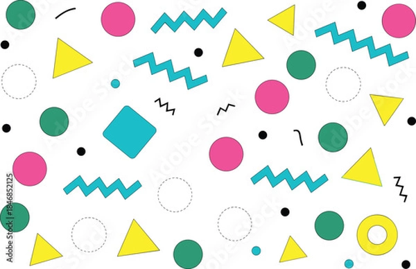 Fototapeta Colorful party confetti elements with stars, ribbons, and geometric shapes in flat vector style