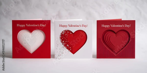 Fototapeta Three valentines day cards with heart designs on red and white