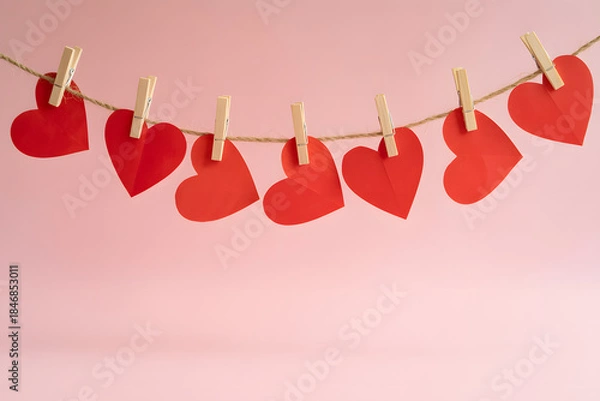 Fototapeta Red paper hearts hanging on a string with clothespins on pink background