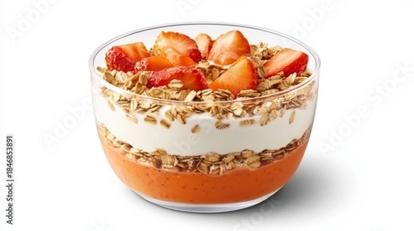 Fototapeta yogurt probiotic dessert concept. A layered dessert featuring yogurt, granola, and strawberries in a clear glass bowl.