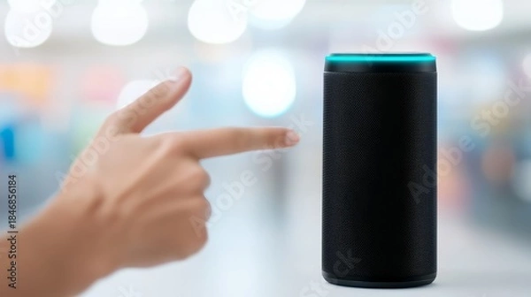 Fototapeta e-commerce growth concept. A person points at a smart speaker with a glowing top, showcasing technology interaction in a modern setting.