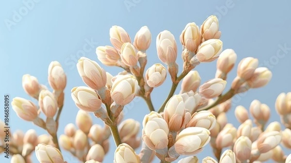Fototapeta first day of spring concept. Delicate pink flower buds against a soft blue background, creating a serene and tranquil atmosphere.