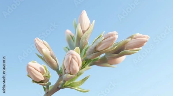 Fototapeta first day of spring concept. Delicate flower buds against a clear blue sky, showcasing the beauty of nature in springtime.