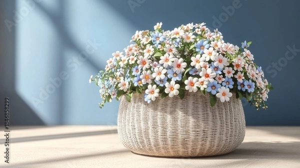 Fototapeta first day of spring concept. A woven basket filled with colorful flowers sits on a surface, illuminated by soft light against a blue background.