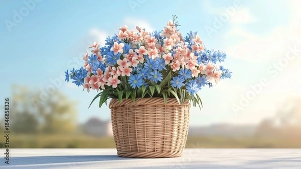 Fototapeta first day of spring concept. A vibrant bouquet of pink and blue flowers in a woven basket, set against a soft, blurred outdoor background.