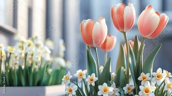 Fototapeta first day of spring concept. Vibrant tulips and daisies bloom in planters, creating a fresh and colorful spring atmosphere.