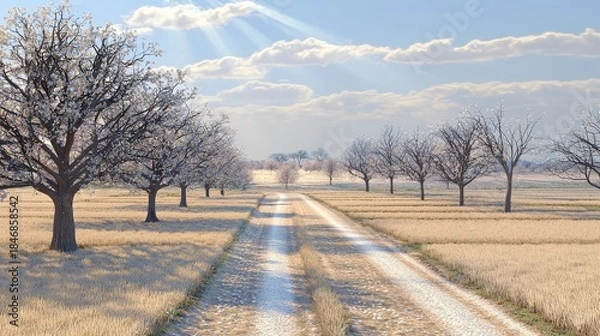 Fototapeta first day of spring concept. A serene winter landscape featuring a snow-covered path lined by trees under a clear blue sky with soft sunlight.