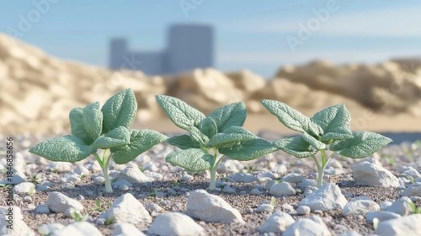 Fototapeta first day of spring concept. Three small green plants grow on rocky terrain with a blurred background, suggesting resilience in a challenging environment.