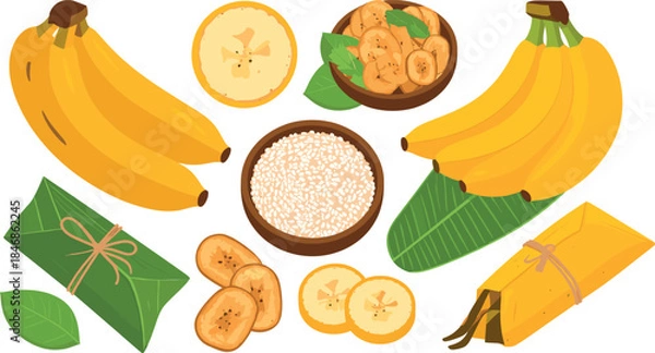 Fototapeta Banana food illustration set featuring fresh banana bunches, sliced bananas, banana leaf wraps, and traditional banana-based dishes in colorful vector style