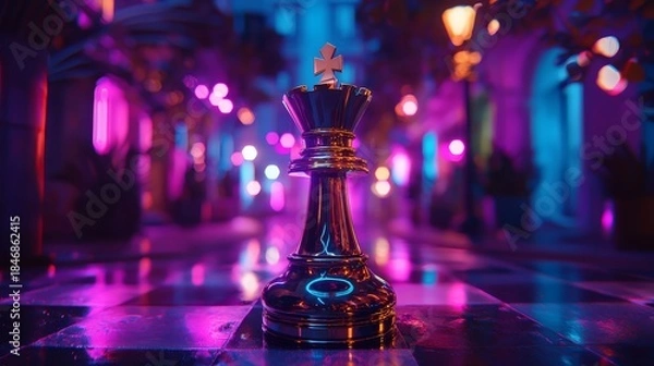 Fototapeta Futuristic chess concept. A shiny chess piece stands in a vibrant, illuminated setting with neon colors reflecting off the wet floor.