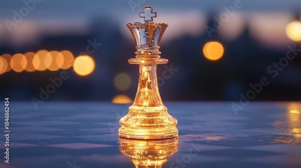 Fototapeta Futuristic chess concept. A glowing chess king piece stands out against a blurred background, capturing attention with its elegant design and warm light.