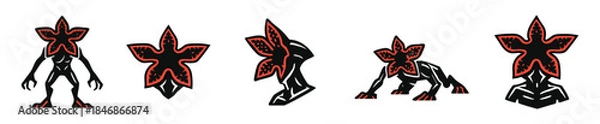 Fototapeta A collection of stylized black and red vector illustrations depicting the iconic Demogorgon creature from the popular sci-fi horror series Stranger Things, in various dynamic poses.