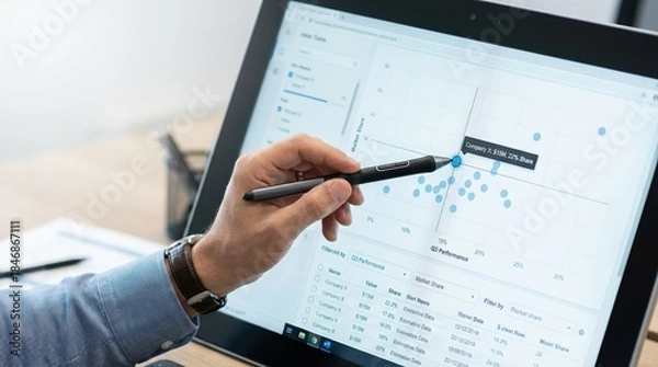 Obraz A person analyzes data on a computer screen, using a stylus to highlight points in a scatter plot for better visualization and insights.