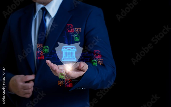 Fototapeta Businessman holding digital shield with bank icon, representing secure banking, financial data protection, fintech and cybersecurity technology.