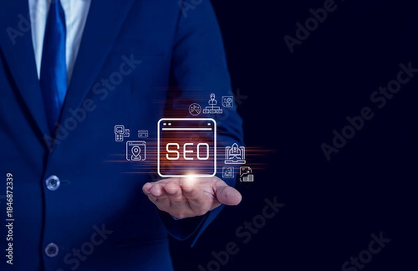 Fototapeta Businessman presenting SEO optimization concept with digital icons, search engine marketing, analytics, and online growth strategy.