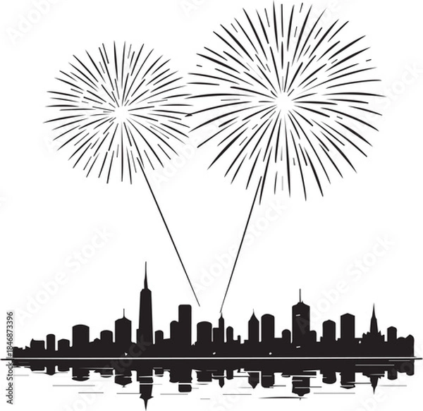 Fototapeta Fireworks illuminate the silhouette of a bustling city skyline during a celebratory event, creating a dynamic visual narrative.
