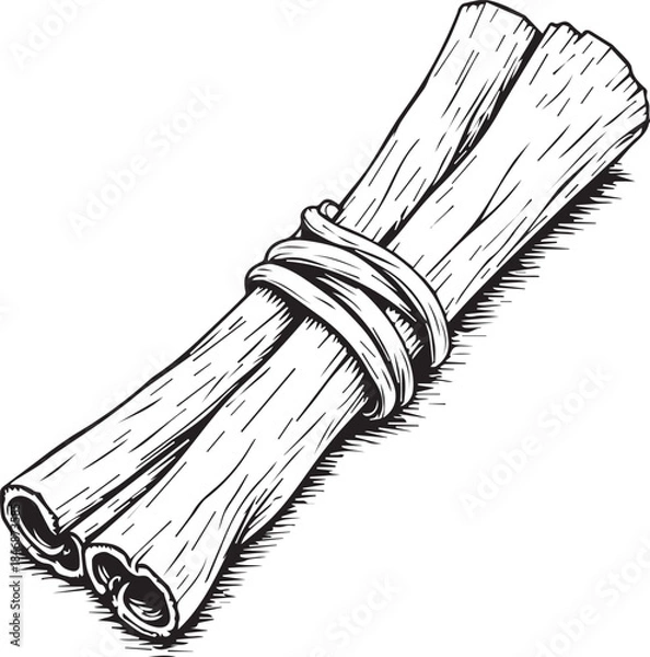 Fototapeta A captivating close-up of cinnamon sticks, tied artfully, showcasing their natural texture and aromatic potential, ideal for culinary projects.