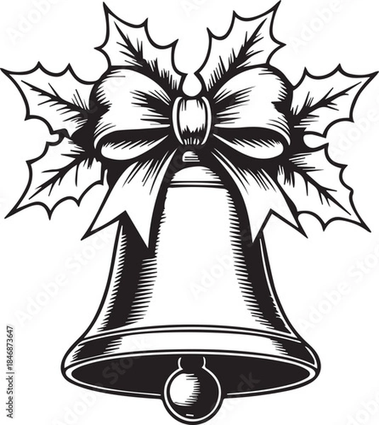 Fototapeta An elegant, monochrome depiction of a festive bell, adorned with a delicate bow and holly leaves, capturing the essence of the holiday spirit.