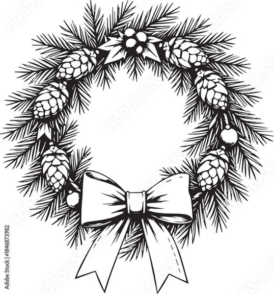 Fototapeta A meticulously crafted illustration of a festive wreath, artfully composed of evergreen foliage, pinecones, and a delicate bow, is a timeless symbol of holiday celebration.