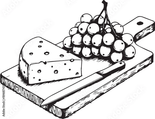 Fototapeta An illustrated still life of a wooden cutting board with a slice of cheese, grapes, and a knife, perfect for culinary and food-related themes.