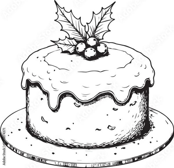 Fototapeta A Festive Christmas cake elegantly adorned with holly, a symbolic depiction of holiday spirit. A monochrome aesthetic emphasizes the textures and details.