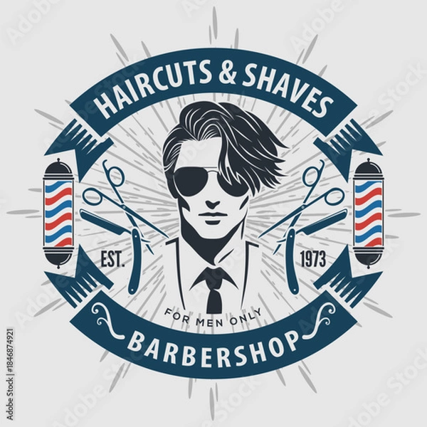 Fototapeta Classic Barbershop Sign with Stylish Male Portrait and Barber Pole Design. Vector illustration