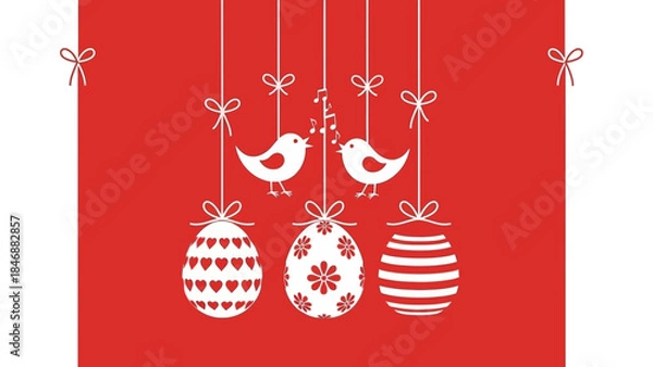 Fototapeta Two white birds singing above three decorative Easter eggs with heart, floral, and stripe patterns on a red background.