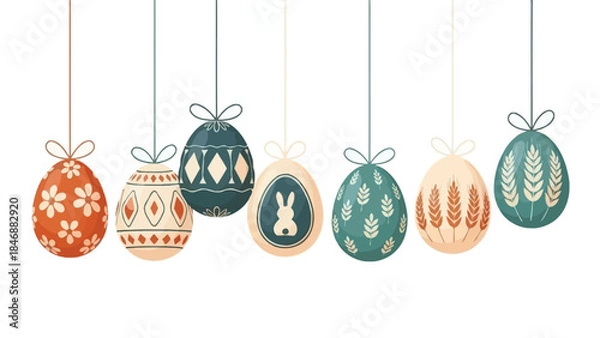 Fototapeta A row of seven decorative Easter eggs with various patterns and colors hanging from strings, celebrating spring.