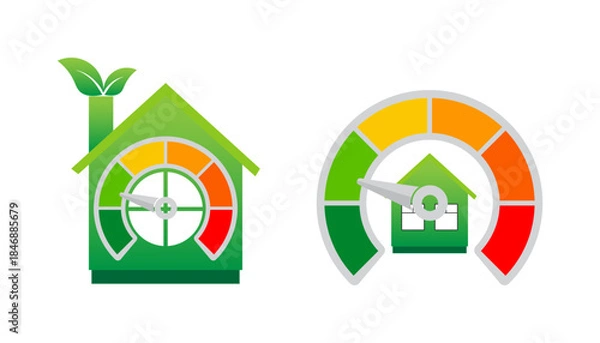 Fototapeta Two green home illustrations with integrated color-coded performance meters indicating excellent energy efficiency.