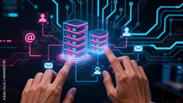 Fototapeta Hands interacting with digital server network