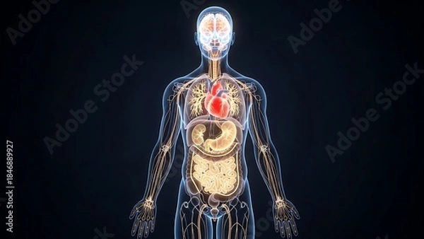 Fototapeta Digital Illustration of Human Anatomy Showing Internal Organs and Nervous System