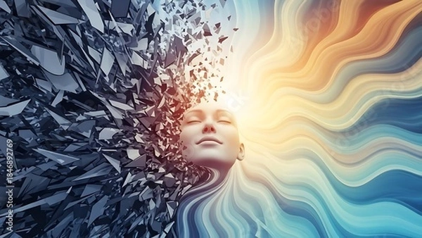 Fototapeta Serene face transitioning from dark chaos to bright flowing energy waves